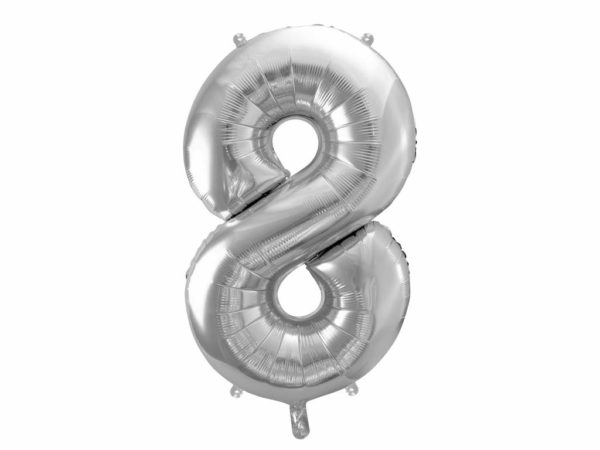 balon cyfra foliowa 8, dekoracje srebrne na imprezę, srebrne balony urodzinowe cyfry, srebrny balon cyfra 8, 86 cm, balony na imprezy,