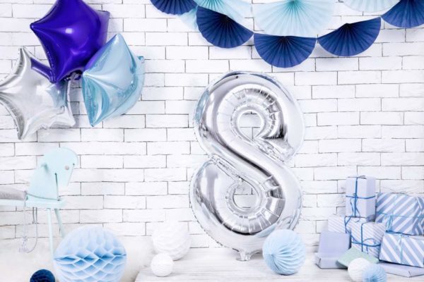 balon cyfra foliowa 8, srebrne dekoracje na imprezę, srebrny balon cyfra 8, srebrne balony urodzinowe cyfry, 86 cm, balony na imprezy,
