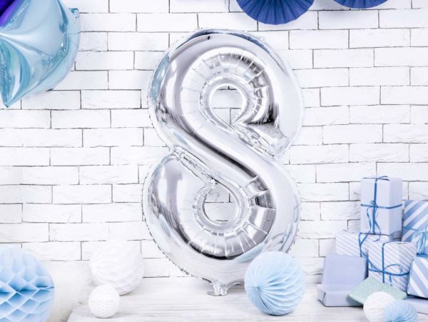 balon cyfra foliowa 8, srebrny balon cyfra 8, dekoracje srebrne na imprezę, srebrne balony urodzinowe cyfry, 86 cm, balony na imprezy,