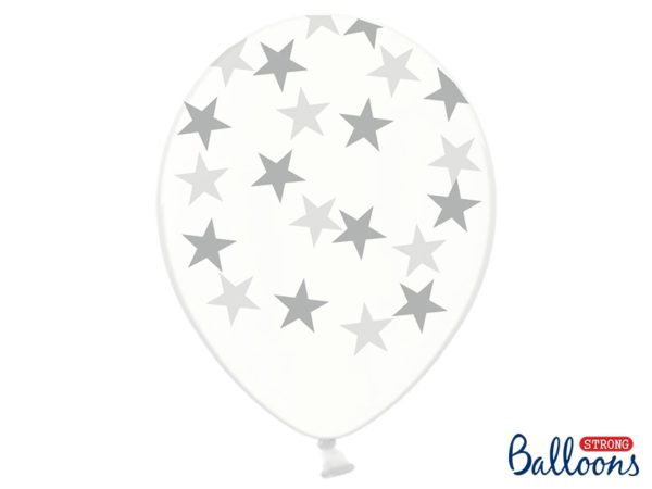 balony crystal clear w srebrne gwiazdki, transparentne balony w gwiazdki 3 cm