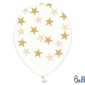 balony crystal clear w złote gwiazdki, transparentne balony w gwiazdki 30 cm