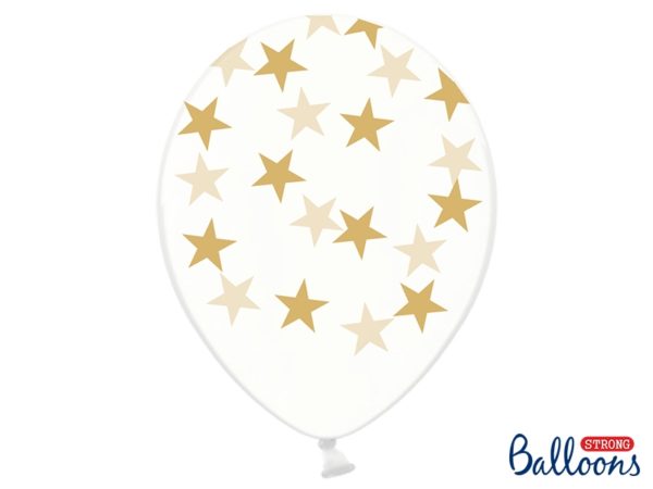 balony crystal clear w złote gwiazdki, transparentne balony w gwiazdki 30 cm