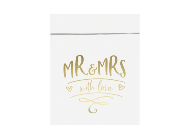 torebki na słodycze MR&MRS złote, dekoracje weselne z serii MR&MRS, dekoracje candy-bar, torebki na słodycze z candy-bar złote