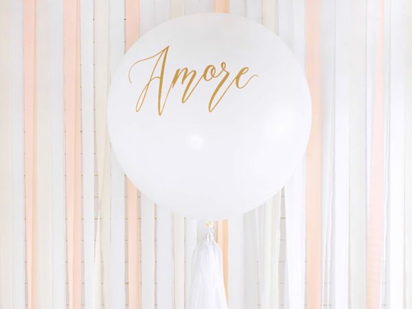 biały balon gigant ze złotym napisem amour, balon 1m, ślubny balon gigant, wielki balon na wesele, dekoracje weselne