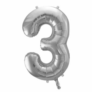 balon cyfra foliowa 3, dekoracje srebrne na imprezę, srebrne balony urodzinowe cyfry, srebrny balon cyfra 3, 86 cm, balony na imprezy,
