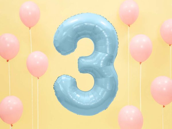 balon cyfra foliowa 3, niebieski balon cyfra 3, dekoracje błękitne na imprezę, niebieskie i błękitne balony urodzinowe cyfry, balony na imprezy, 86 cm,