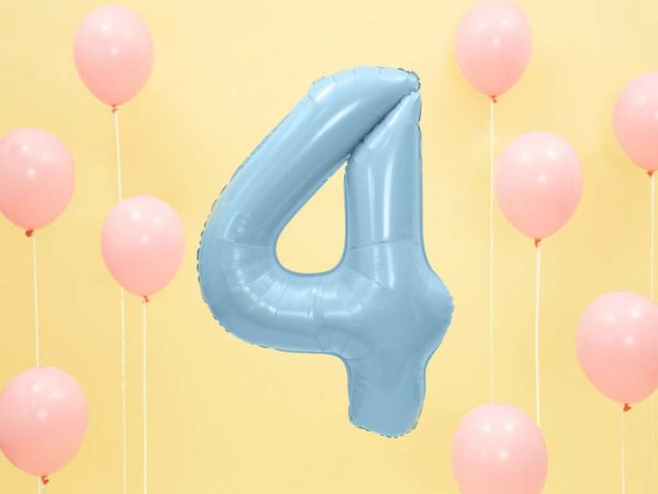 balon cyfra foliowa 4, dekoracje błękitne na imprezę, niebieski balon cyfra 4, niebieskie i błękitne balony urodzinowe cyfry, balony na imprezy, 86 cm,