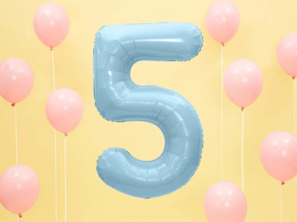 balon cyfra foliowa 5, niebieski balon cyfra 5, dekoracje błękitne na imprezę, niebieskie i błękitne balony urodzinowe cyfry, balony na imprezy, 86 cm,