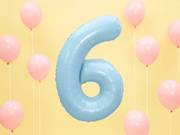 balon cyfra foliowa 6, niebieskie i błękitne balony urodzinowe cyfry, niebieski balon cyfra 6, balony na imprezy, dekoracje błękitne na imprezę, 86 cm,