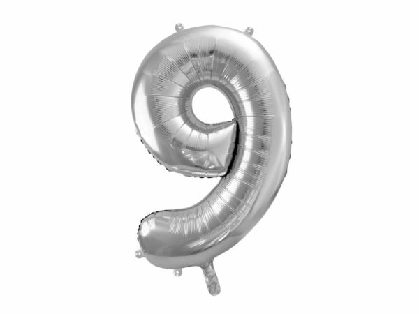 balon cyfra foliowa 9, srebrne dekoracje na imprezę, srebrny balon cyfra 9, srebrne balony urodzinowe cyfry, 86 cm, balony na imprezy,