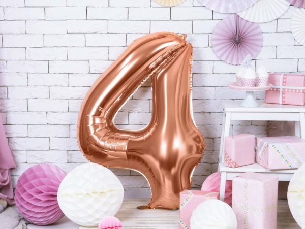 balony na imprezy, balon cyfra 4 golden rose, dekoracje różowe złoto na imprezę, różowo złote balony urodzinowe cyfry, balon cyfra foliowa 4, 86 cm,