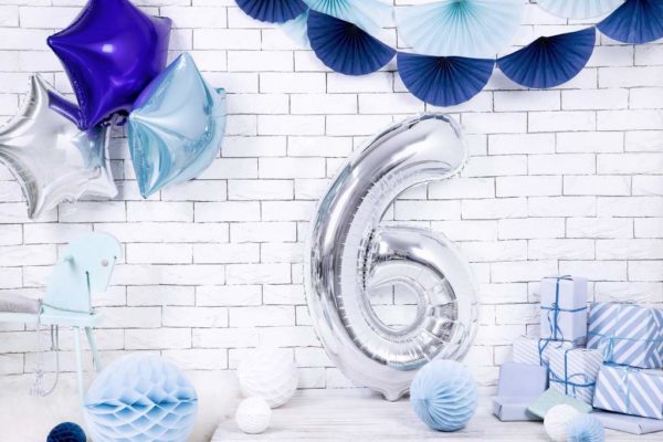balony na imprezy, srebrny balon cyfra 6, srebrne dekoracje na imprezę, srebrne balony urodzinowe cyfry, balon cyfra foliowa 6, 86 cm,