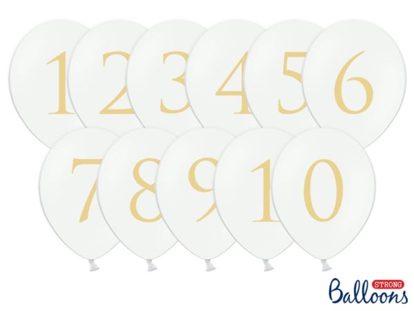 balony okrągłe białe ze złotą cyfrą, balony na imprezę, białe balony na ślub