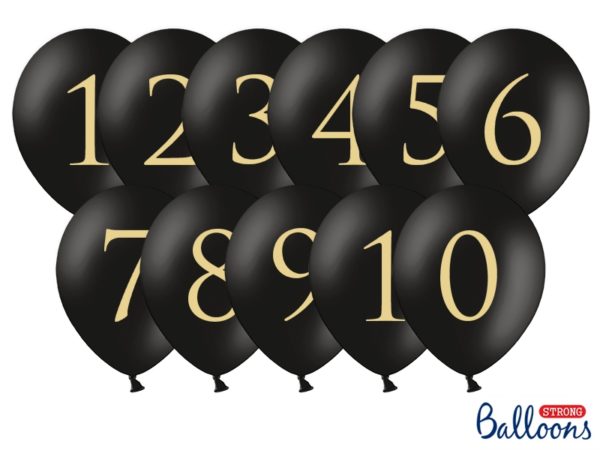 czarne balony okrągłe ze złotą cyfrą, czarne balony na imprezę, balony złote cyfry na imprezę