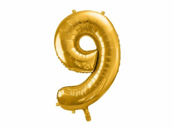 dekoracje złote na imprezę, złoty balon cyfra 9, balon cyfra foliowa 9, złote balony urodzinowe cyfry, balony na imprezy, 86 cm,