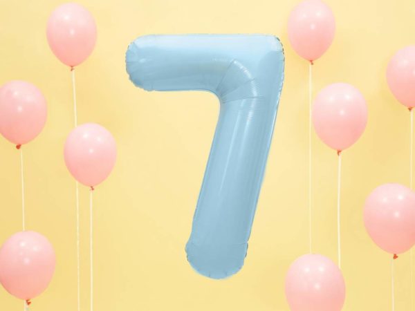 niebieski balon cyfra 7, balon cyfra foliowa 7, dekoracje błękitne na imprezę, niebieskie i błękitne balony urodzinowe cyfry, balony na imprezy, 86 cm,