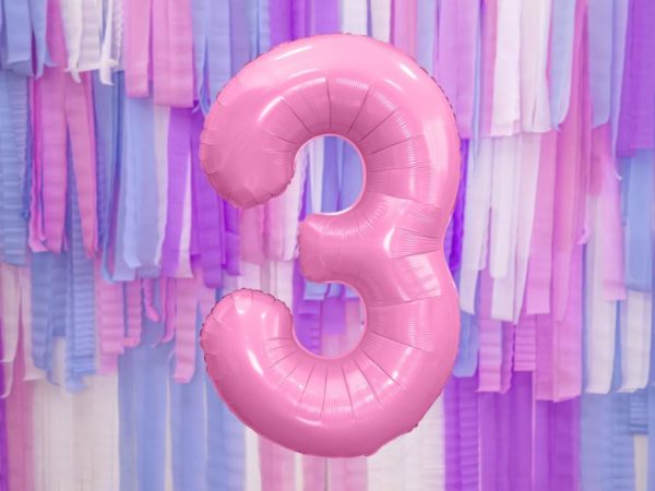 różowy balon cyfra 3, balon cyfra foliowa 3, różowe dekoracje na imprezę, jasno różowe balony urodzinowe cyfry, balony na imprezy, 86 cm,