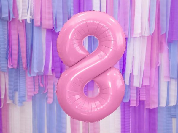 różowy balon cyfra 8, balon cyfra foliowa 8, różowe dekoracje na imprezę, różowe balony urodzinowe cyfry, balony na imprezy, 86 cm,