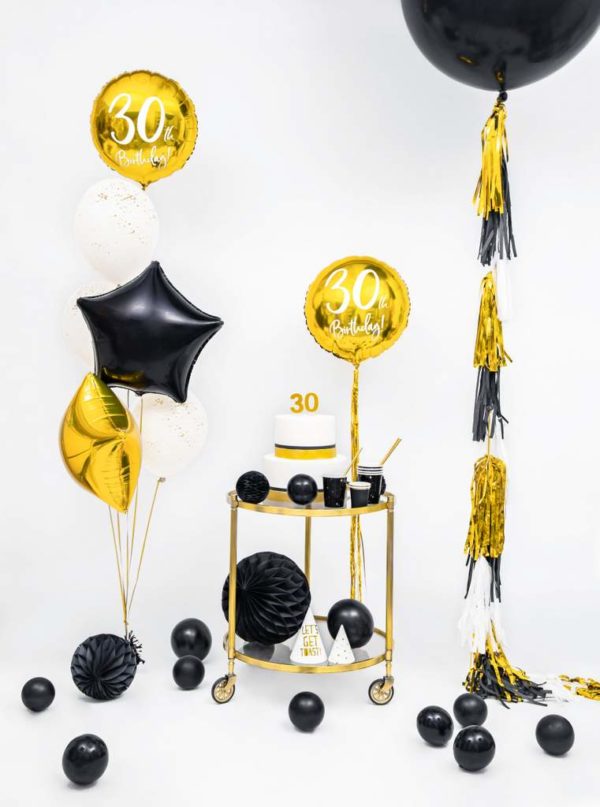 złote dekoracje na imprezę 30 stkę, złoty balon foliowy okrągły z białą cyfrą 30, balony na 30stkę, dekoracje balonowe, balony urodzinowe,