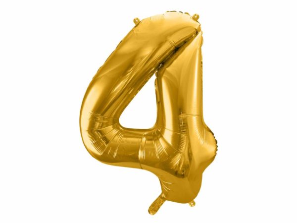 złoty balon cyfra 4, balon cyfra foliowa 4, balony na imprezy, dekoracje złote na imprezę, złote balony urodzinowe cyfry, 86 cm,