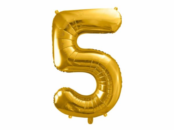 złoty balon cyfra 5, złote balony urodzinowe cyfry, dekoracje złote na imprezę, balon cyfra foliowa 5, balony na imprezy, 86 cm,