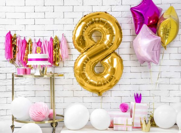 złoty balon cyfra 8, złote balony urodzinowe cyfry, dekoracje złote na imprezę, balon cyfra foliowa 8, balony na imprezy, 86 cm,