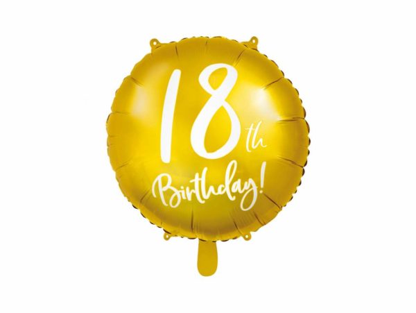 złoty balon foliowy okrągły z białą cyfrą 18, dekoracje balonowe, balony urodzinowe, złote dekoracje na imprezę,