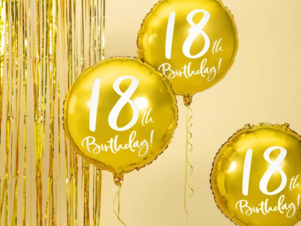 złoty balon foliowy okrągły z białą cyfrą 18, złote dekoracje na imprezę, dekoracje balonowe, balony urodzinowe,