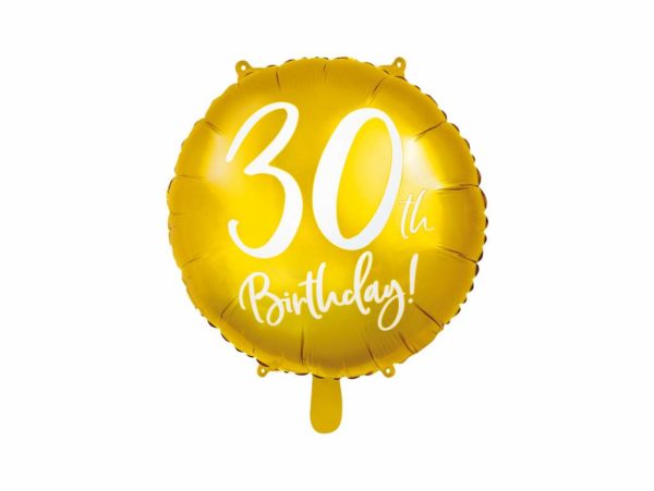 złoty balon foliowy okrągły z białą cyfrą 30, złote dekoracje na imprezę, dekoracje balonowe, balony urodzinowe, balony na 30stkę