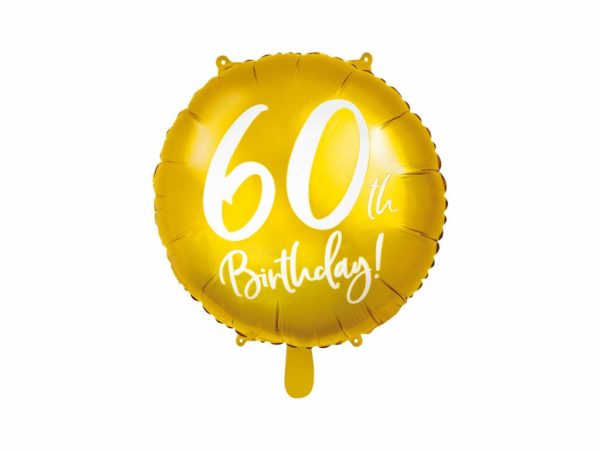 złoty balon foliowy okrągły z białą cyfrą 60, złote dekoracje na imprezę 60 stkę, balony na 60stkę, dekoracje balonowe, balony urodzinowe,