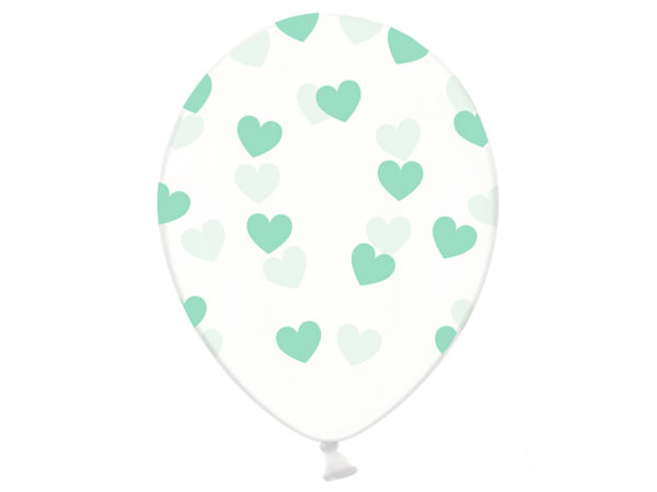 balony przezroczyste w serduszka, transparentne balony crystal w miętowe serduszka, dekoracje urodzinowe i weselne miętowe