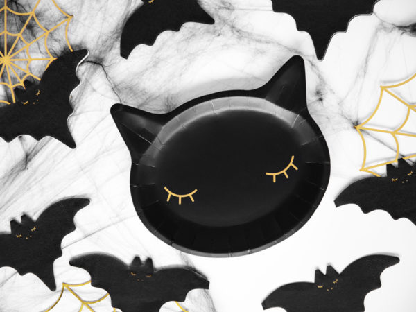 czarne talerzyki koty na halloween, talerzyki koty, talerzyki papierowe na halloween