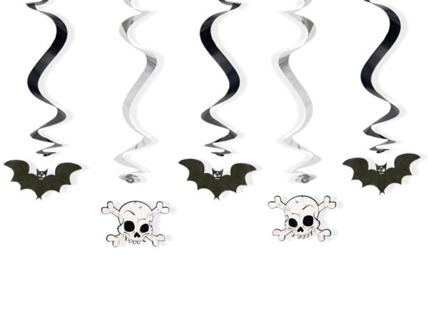 wiszące świderki nietoperze i czaszki, wiszące dekoracje na Halloween, świderki na Halloween, czaszki i nietoperze zawieszki na halloween