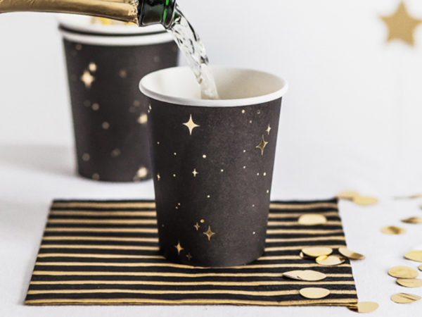 eleganckie papierowe kubeczki do napojów, papierowe kubeczki na imprezę, czarno złote papierowe kubeczki na imprezę