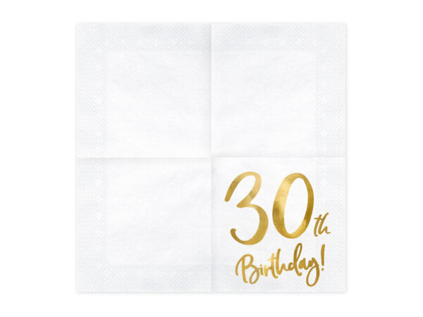 serwetki urodzinowe, białe serwetki ze złotym napisem 30th birthday, dekoracje na 30 urodziny, dekoracje na 30stkę, serwetki na 30 urodziny, serwetki na 30stkę,