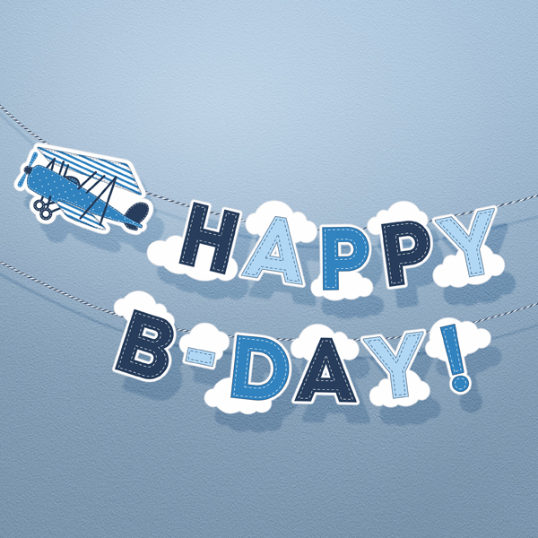 baner happy b-day, baner urodzinowy samolocik, dekoracje z samolotem, baner urodzinowy na Roczek, baner urodzinowy z serii samolocik