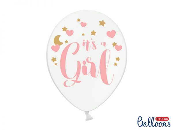 biały balon z różowym napisem It's a Girl, balony na baby shower dla dziewczynki, dekoracje na baby shower, różowe dekoracje na baby shower