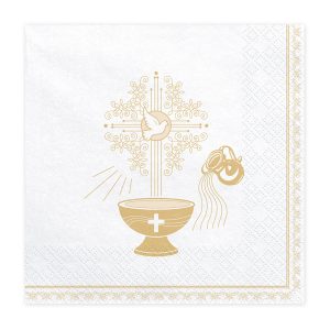 serwetki na chrzest św., biało-złote dekoracje na chrzest św., serwetki z motywem chrztu