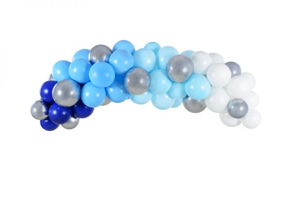 zestaw do zrobienia girlandy balonowej, niebiesko-biało-srebrna girlanda z balonów, dekoracje balonowe na imprezę